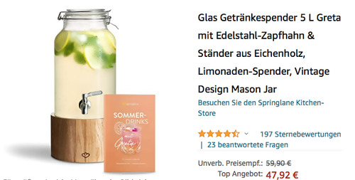 Springlane Glas Getränkespender 5 L Greta mit Edelstahl-Zapfhahn & Ständer aus Eichenholz Springlane Glas Getränkespender 5 L Greta mit Edelstahl-Zapfhahn & Ständer aus Eichenholz