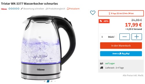 Tristar WK-3377 Wasserkocher mit LED-Leuchtring, 1,7 Liter (Glaskanne) Tristar WK-3377 Wasserkocher mit LED-Leuchtring, 1,7 Liter (Glaskanne)