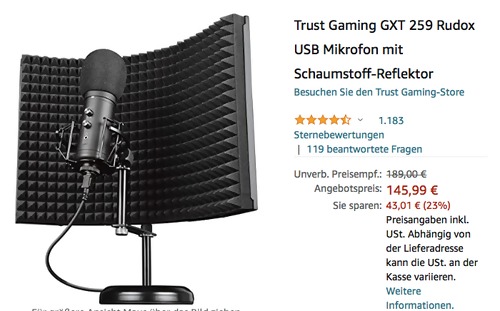 Trust Gaming GXT 259 Rudox USB Mikrofon mit Schaumstoff-Reflektor Trust Gaming GXT 259 Rudox USB Mikrofon mit Schaumstoff-Reflektor