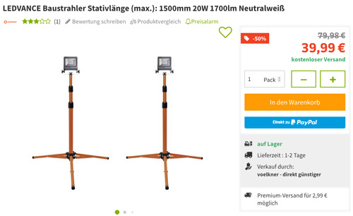 2x LEDVANCE 20W LED Baustrahler, Stativlänge (max.): 1500mm (1700lm, Neutralweiß) 2x LEDVANCE 20W LED Baustrahler, Stativlänge (max.): 1500mm (1700lm, Neutralweiß)