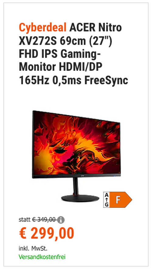 ACER Nitro XV272S 69cm (27") FHD IPS Gaming-Monitor (HDMI/DP, 165Hz, FreeSync) ACER Nitro XV272S 69cm (27") FHD IPS Gaming-Monitor (HDMI/DP, 165Hz, FreeSync)