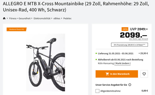 ALLEGRO E MTB X-Cross 29 Zoll Mountainbike (46 cm Rahmenhöhe, 400 Wh, Schwarz) ALLEGRO E MTB X-Cross 29 Zoll Mountainbike (46 cm Rahmenhöhe, 400 Wh, Schwarz)