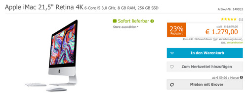 Apple MHK33D/A iMac 21,5" Retina 4K (6-Core i5 3,0 GHz, 8 GB RAM, 256 GB SSD) Apple MHK33D/A iMac 21,5" Retina 4K (6-Core i5 3,0 GHz, 8 GB RAM, 256 GB SSD)
