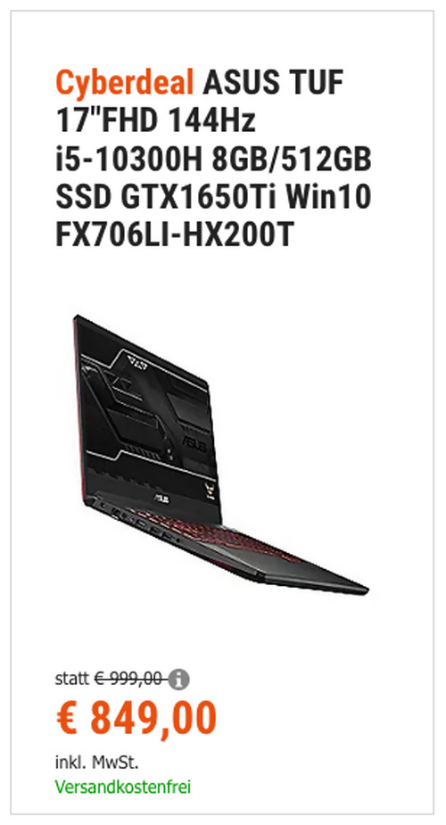 ASUS TUF 17" FHD 144Hz i5-10300H Gaming Notebook (8GB RAM, 512GB SSD, GTX1650Ti, Win10) ASUS TUF 17" FHD 144Hz i5-10300H Gaming Notebook (8GB RAM, 512GB SSD, GTX1650Ti, Win10)
