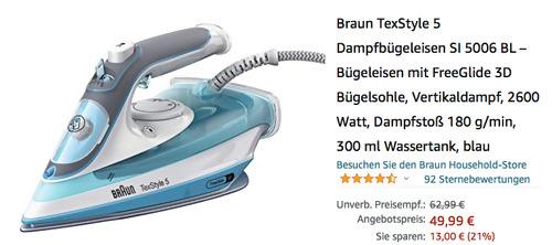 Braun TexStyle 5 Dampfbügeleisen SI 5006 BL (2600 Watt, 180 g/min Dampfstoß) - jetzt 18% billiger