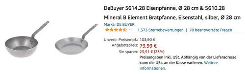 DeBuyer 5614.28 Ø 28 cm Eisenpfanne und DeBuyer 5610.28 Mineral B Element Ø 28 cm Bratpfanne, Eisenstahl DeBuyer 5614.28 Ø 28 cm Eisenpfanne und DeBuyer 5610.28 Mineral B Element Ø 28 cm Bratpfanne, Eisenstahl