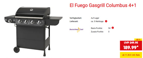 El Fuego Gasgrill Columbus 4+1 (15,22 kW, 130 x 107,5 x 58,5 cm) El Fuego Gasgrill Columbus 4+1 (15,22 kW, 130 x 107,5 x 58,5 cm)