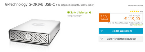G-Technology G-DRIVE USB-C 4 TB 3,5" externe Festplatte, silber G-Technology G-DRIVE USB-C 4 TB 3,5" externe Festplatte, silber