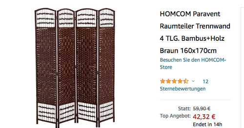 HOMCOM 160x170cm Paravent Raumteiler, braun (Bambus+Holz) - jetzt 20% billiger