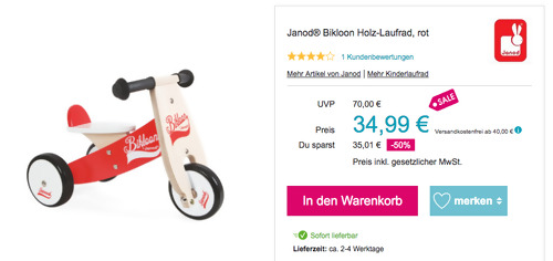 Janod® Bikloon Holz-Laufrad, rot (Dreirad, ab 12 Monaten) Janod® Bikloon Holz-Laufrad, rot (Dreirad, ab 12 Monaten)