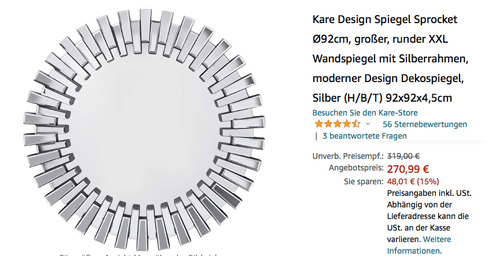 Kare Design Ø92cm Wandspiegel "Sprocke", Farbe Silber Kare Design Ø92cm Wandspiegel "Sprocke", Farbe Silber