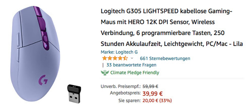 Logitech G305 LIGHTSPEED kabellose Gaming-Maus in Lila (HERO 12K DPI Sensor, Deutsche Version) Logitech G305 LIGHTSPEED kabellose Gaming-Maus in Lila (HERO 12K DPI Sensor, Deutsche Version)