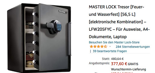 MASTER LOCK LFW205FYC 56,5 Liter Tresor, Feuer- und Wasserfest MASTER LOCK LFW205FYC 56,5 Liter Tresor, Feuer- und Wasserfest