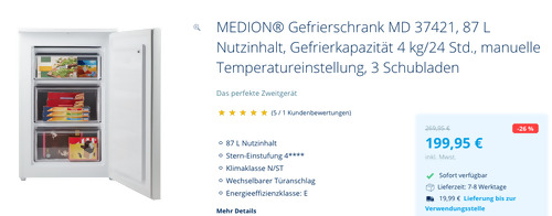 MEDION® Gefrierschrank MD 37421 (87 L Nutzinhalt, 55x85x58 cm) MEDION® Gefrierschrank MD 37421 (87 L Nutzinhalt, 55x85x58 cm)