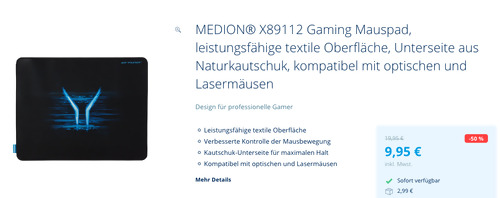 MEDION® X89112 Gaming Mauspad, 440 x 350 mm (kompatibel mit optischen und Lasermäusen)