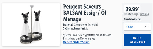 Peugeot Saveurs BALSAM Essig-/ Öl Menage, Drop-Select System Peugeot Saveurs BALSAM Essig-/ Öl Menage, Drop-Select System