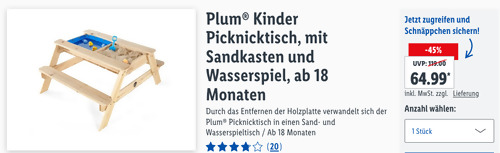 Plum® Kinder Picknicktisch mit Sandkasten und Wasserspiel, 89 x 49 x 105 cm Plum® Kinder Picknicktisch mit Sandkasten und Wasserspiel, 89 x 49 x 105 cm