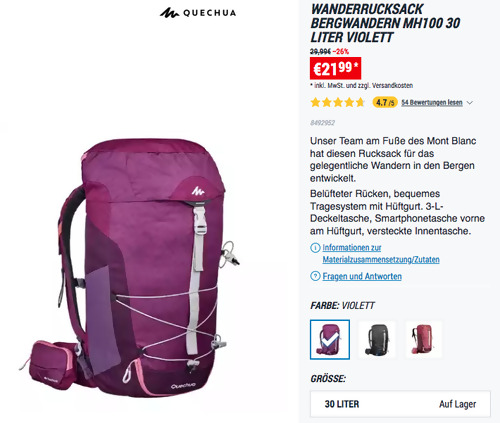 QUECHUA Bergwandern MH100 30 Liter Wanderrucksack, violett QUECHUA Bergwandern MH100 30 Liter Wanderrucksack, violett