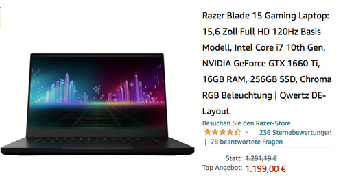 Razer Blade 15 RZ09-03519G11-R3G 15,6 Zoll Gaming Laptop (i7-10750H, 120Hz, GTX 1660 Ti, 16GB RAM, 256GB SSD) Razer Blade 15 RZ09-03519G11-R3G 15,6 Zoll Gaming Laptop (i7-10750H, 120Hz, GTX 1660 Ti, 16GB RAM, 256GB SSD)