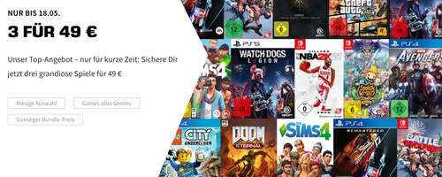 SATURN Aktion: 3 Spiele (PS4, PS5, Nintendo Switch, Xbox, PC) für 49, gilt bis 18.5.2021 SATURN Aktion: 3 Spiele (PS4, PS5, Nintendo Switch, Xbox, PC) für 49, gilt bis 18.5.2021