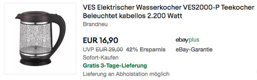 VES VES2000-P 1,7 L Wasserkocher "Flora Platinum", 2200 Watt