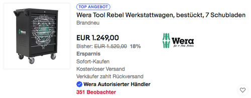 Wera Tool Rebel Werkstattwagen, bestückt ( 7 Schubladen, 781 mm x 498 mm x 1037 mm) Wera Tool Rebel Werkstattwagen, bestückt ( 7 Schubladen, 781 mm x 498 mm x 1037 mm)