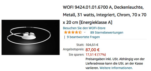 WOFI 70 cm LED-Deckenleuchte "Louis" (2500 lm, 31W, dimmbar, Chrom) WOFI 70 cm LED-Deckenleuchte "Louis" (2500 lm, 31W, dimmbar, Chrom)