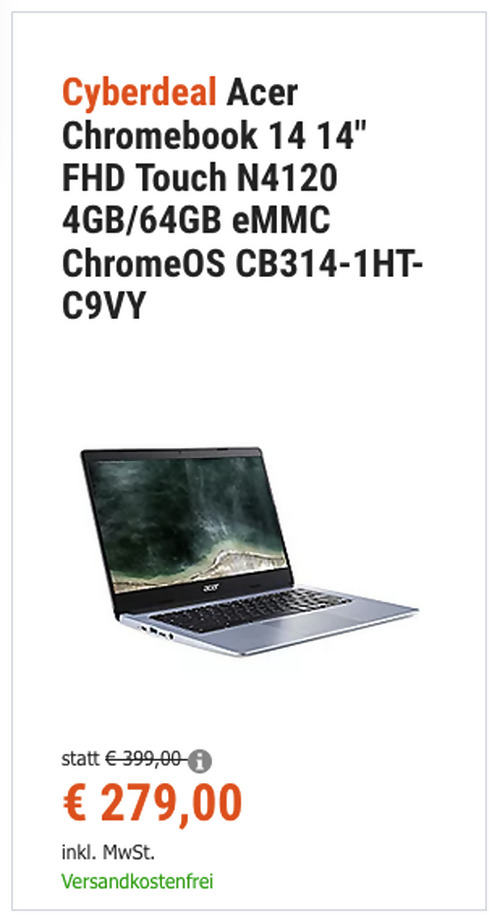 Acer CB314-1HT-C9VY Chromebook 14 (14" FHD, N4120, 4GB/64GB eMMC, ChromeOS) Acer CB314-1HT-C9VY Chromebook 14 (14" FHD, N4120, 4GB/64GB eMMC, ChromeOS)