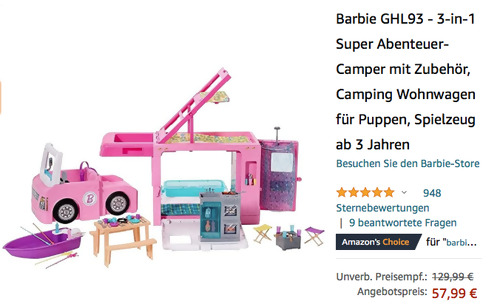 Barbie GHL93 - 3-in-1 Super Abenteuer-Camper, Camping Wohnwagen mit Zubehör Barbie GHL93 - 3-in-1 Super Abenteuer-Camper, Camping Wohnwagen mit Zubehör