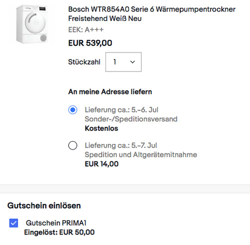 Bosch WTR854A0 Serie 6 Wärmepumpentrockner (A+++, 7 kg) - jetzt 9% billiger Bosch WTR854A0 Serie 6 Wärmepumpentrockner (A+++, 7 kg) - jetzt 9% billiger