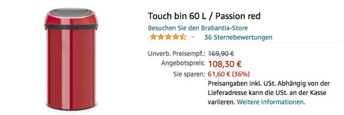 Brabantia Touch Bin 60 L Mülleimer, Passion Red Brabantia Touch Bin 60 L Mülleimer, Passion Red