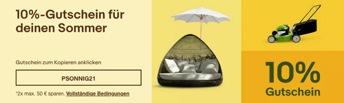 Ebay - 10% Rabatt au Heimwerken, Garten & einfach genießen: z.B. Coleman Pavillon Event Shelter Pro XL (450cm x 450cm) Ebay - 10% Rabatt au Heimwerken, Garten & einfach genießen: z.B. Coleman Pavillon Event Shelter Pro XL (450cm x 450cm)