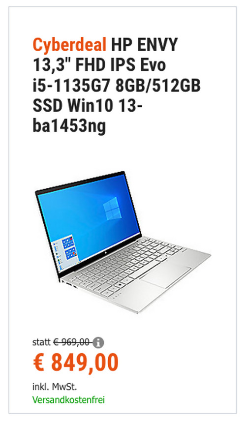 HP ENVY 13-ba1453ng 13,3" EVO-Verified-Notebook (i5-1135G7, 8GB/512GB SSD Win10) HP ENVY 13-ba1453ng 13,3" EVO-Verified-Notebook (i5-1135G7, 8GB/512GB SSD Win10)
