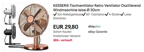KESSER® Ø 30cm Tischventilator Retro, versch. Farben (Voll-Metallgehäuse, 80° Oszillation, 4-Stufen) KESSER® Ø 30cm Tischventilator Retro, versch. Farben (Voll-Metallgehäuse, 80° Oszillation, 4-Stufen)