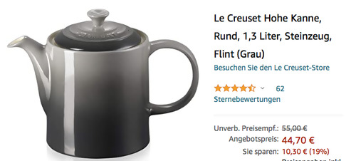 Le Creuset Hohe Kanne 1,3 Liter Teekanne, grau (rund, 1,3 Liter, Steinzeug) - jetzt 19% billiger