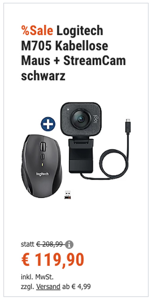 Logitech M705 Kabellose PC-Maus inklusive Logitech StreamCam, schwarz Logitech M705 Kabellose PC-Maus inklusive Logitech StreamCam, schwarz