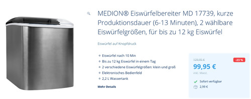 MEDION MD 17739 Eiswürfelbereiter, 2 wählbare Eiswürfelgrößen MEDION MD 17739 Eiswürfelbereiter, 2 wählbare Eiswürfelgrößen