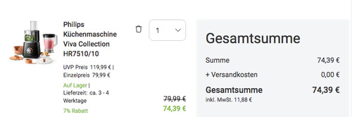 Philips Küchenmaschine Viva Collection HR7510/10 (800 Watt Motor, 29 Funktionen) - jetzt 14% billiger