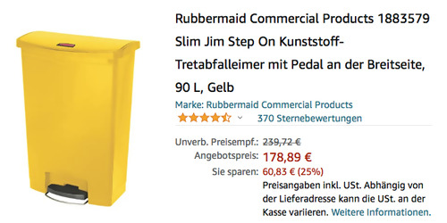 Rubbermaid 1883579 Slim Jim Step On Tretabfalleimer mit Pedal an der Breitseite, 90 L, Gelb - jetzt 12% billiger Rubbermaid 1883579 Slim Jim Step On Tretabfalleimer mit Pedal an der Breitseite, 90 L, Gelb - jetzt 12% billiger