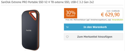 SanDisk Extreme PRO Portable SSD V2 4 TB externe SSD-Festplatte, USB-C 3.2 Gen 2x2 SanDisk Extreme PRO Portable SSD V2 4 TB externe SSD-Festplatte, USB-C 3.2 Gen 2x2