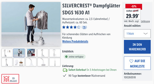 SILVERCREST® Dampfglätter SDGS 1630 A1 (30 g/Min. Dampfleistung) SILVERCREST® Dampfglätter SDGS 1630 A1 (30 g/Min. Dampfleistung)