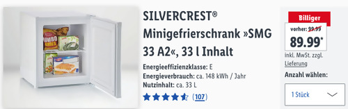 SILVERCREST® Minigefrierschrank "SMG 33 A2", 33 l Inhalt (ca. B 44 x H 51 x T 48 cm) - jetzt 10% billiger SILVERCREST® Minigefrierschrank "SMG 33 A2", 33 l Inhalt (ca. B 44 x H 51 x T 48 cm) - jetzt 10% billiger