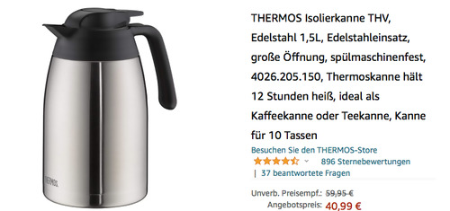THERMOS 1,5L Isolierkanne THV, Edelstahl Mattiert THERMOS 1,5L Isolierkanne THV, Edelstahl Mattiert