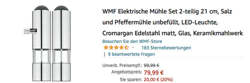 WMF Ceramill Elektrisches Salz- und Pfeffermühle Set, Cromargan Edelstahl matt (21 cm, LED-Leuchte) WMF Ceramill Elektrisches Salz- und Pfeffermühle Set, Cromargan Edelstahl matt (21 cm, LED-Leuchte)