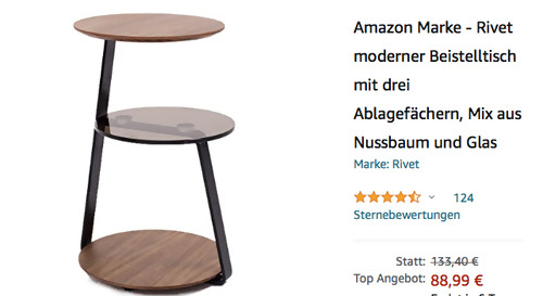 Amazon Marke - Rivet CT-232B moderner Beistelltisch mit drei Ablagefächern (Nussbaum Furnier, Glas, 39 x 39 x 58 cm) - jetzt 16% billiger