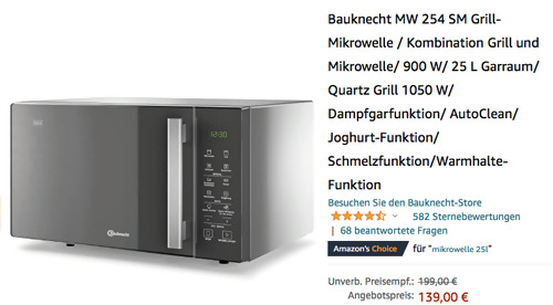 Bauknecht MW 254 SM Grill-Mikrowelle mit Dampfgarfunktion - jetzt 15% billiger