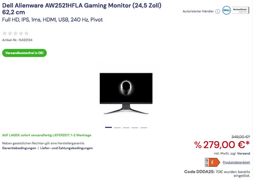 Dell Alienware AW2521HFLA (24,5 Zoll) 62,2 cm Gaming Monitor in Lunar Light (Full HD, IPS, 1ms, HDMI, USB, 240 Hz, Pivot) Dell Alienware AW2521HFLA (24,5 Zoll) 62,2 cm Gaming Monitor in Lunar Light (Full HD, IPS, 1ms, HDMI, USB, 240 Hz, Pivot)