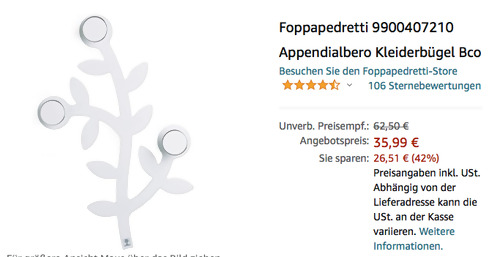 Foppapedretti 9900407210 Appendialbero 3 Knäufe Wand-Kleiderständer, weiß Foppapedretti 9900407210 Appendialbero 3 Knäufe Wand-Kleiderständer, weiß