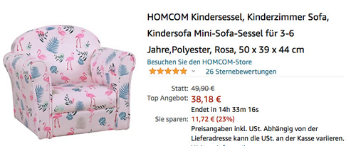 HOMCOM 50 x 39 x 44 cm Kindersessel in Rosa Flamingo-Muster, von 3-6 Jahren HOMCOM 50 x 39 x 44 cm Kindersessel in Rosa Flamingo-Muster, von 3-6 Jahren
