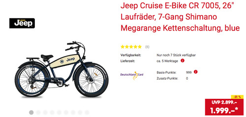 Jeep Cruise 26" E-Bike CR 7005, blau (7-Gang, 250 W Heckmotor, 374,4 Wh Akku) Jeep Cruise 26" E-Bike CR 7005, blau (7-Gang, 250 W Heckmotor, 374,4 Wh Akku)